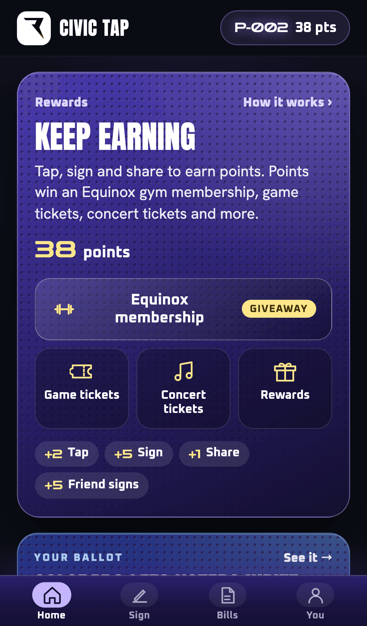 The Civic Tap app showing a member's points and rewards